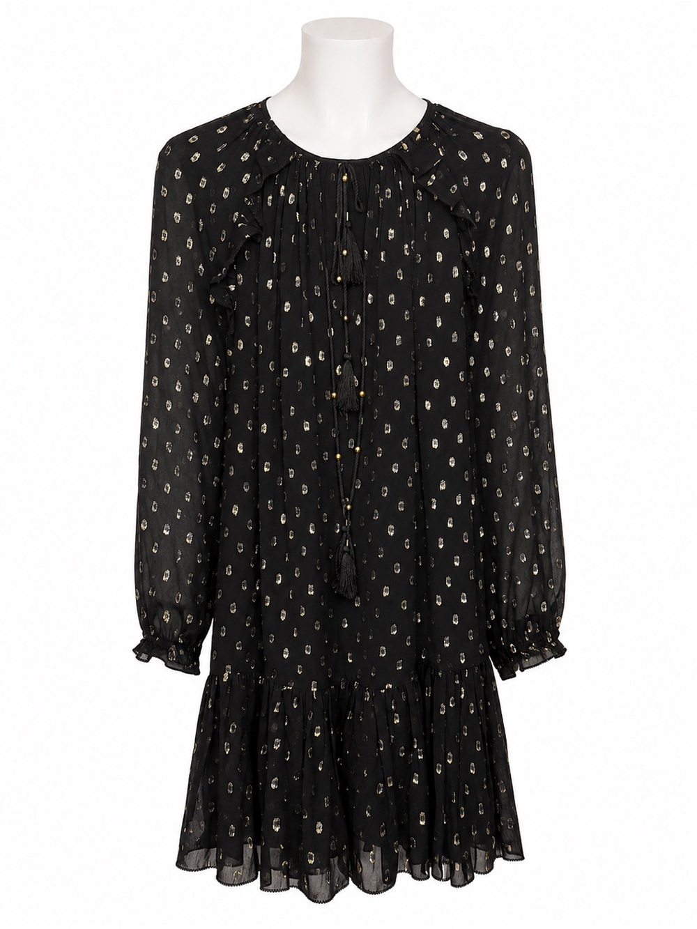 Rebecca Minkoff Black Gold Metallic Ruffle Tassel Mini Dress Size [S)